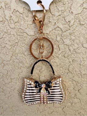 Posh Gold-tone Rhinestone Black & White Striped Purse Keychain